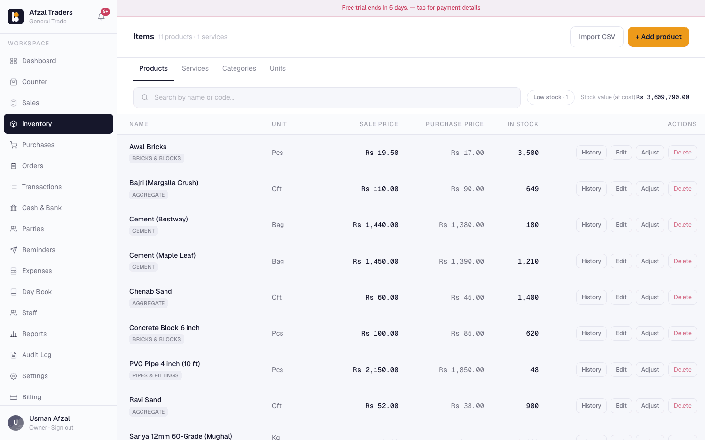 Barkat general trade inventory with custom units