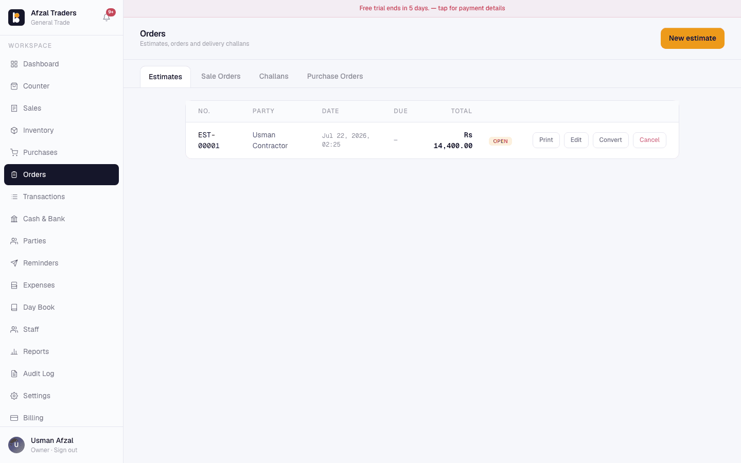 Barkat estimates, orders and delivery challans