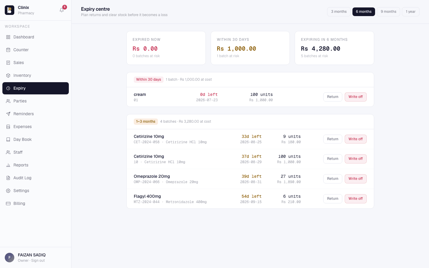 Barkat pharmacy expiry tracking page